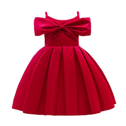 Girls Red Cold-Shoulder Sleeves Bow Pleated Balloon Dress