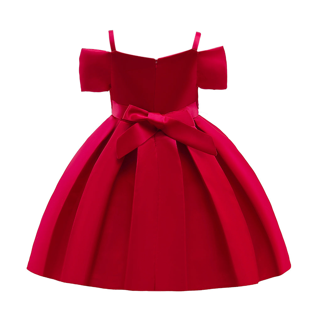 Girls Red Cold-Shoulder Sleeves Bow Pleated Balloon Dress
