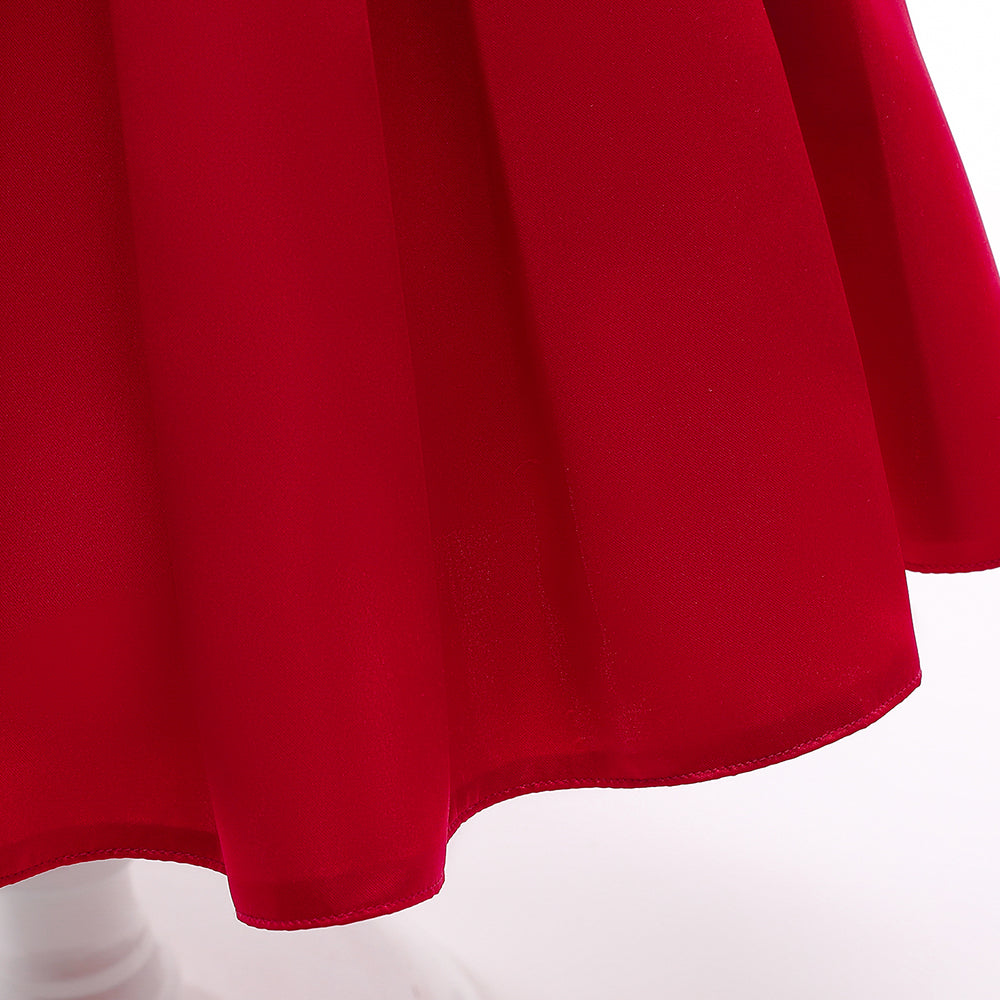 Girls Red Cold-Shoulder Sleeves Bow Pleated Balloon Dress