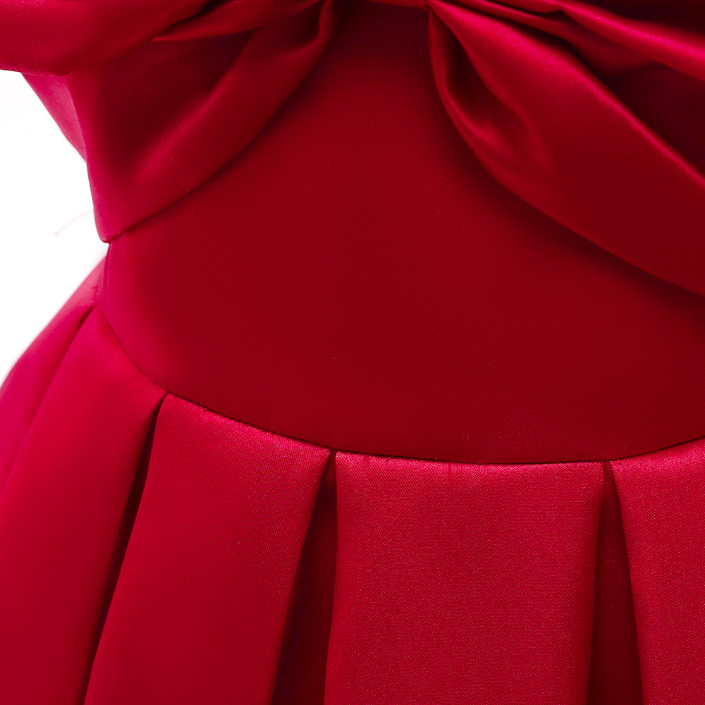 Girls Red Cold-Shoulder Sleeves Bow Pleated Balloon Dress