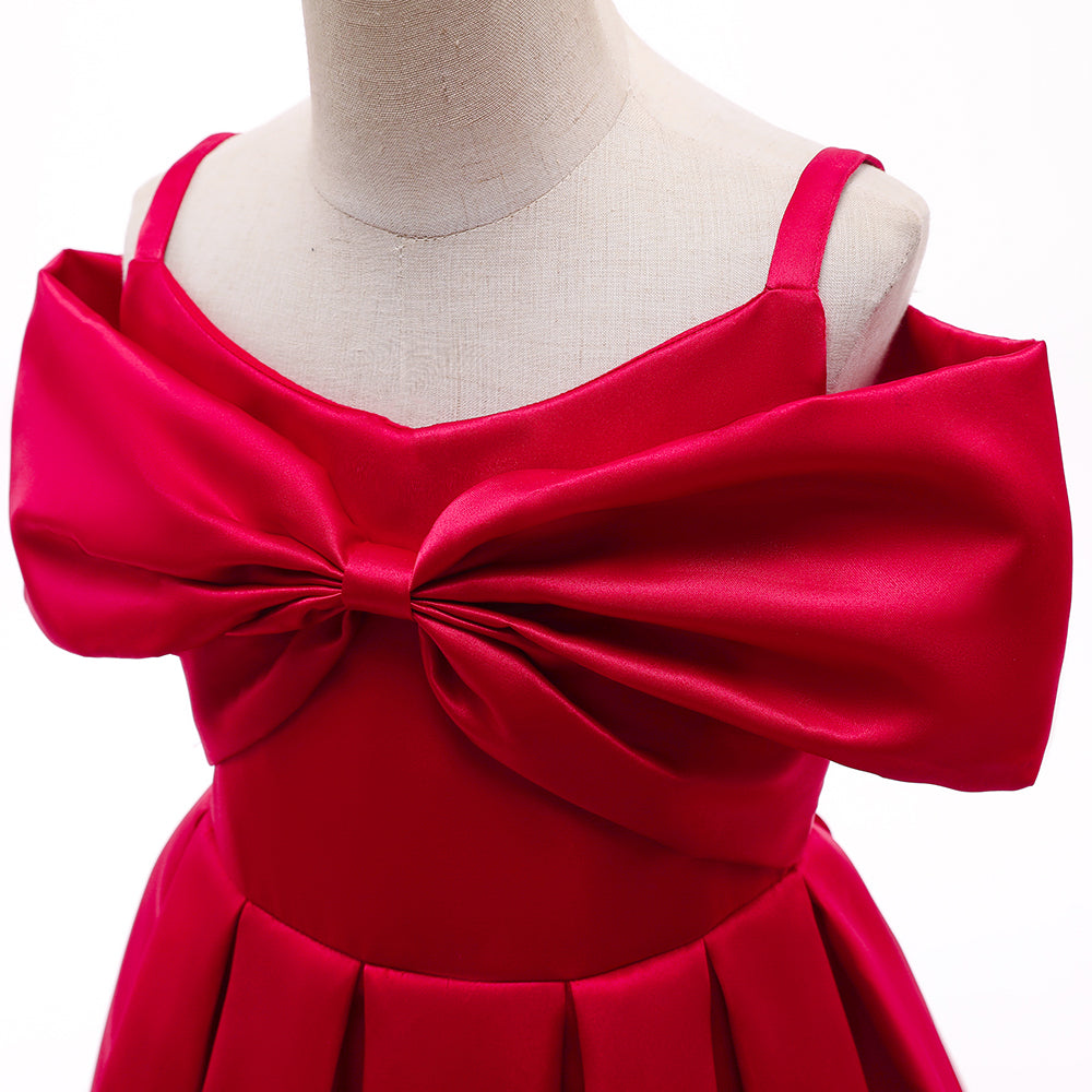 Girls Red Cold-Shoulder Sleeves Bow Pleated Balloon Dress