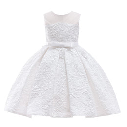 Girls White Floral Round Neck Sleeveless Applique Party Gown Midi Dress
