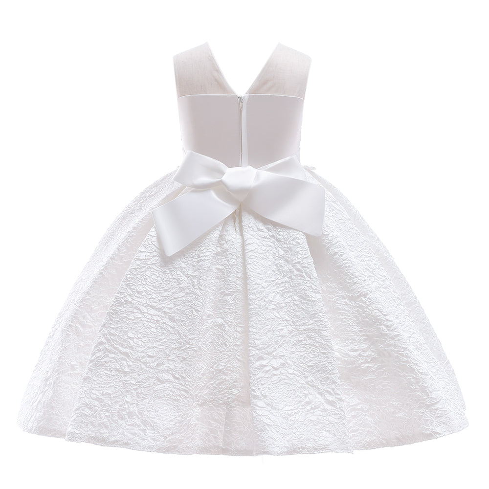 Girls White Floral Round Neck Sleeveless Applique Party Gown Midi Dress