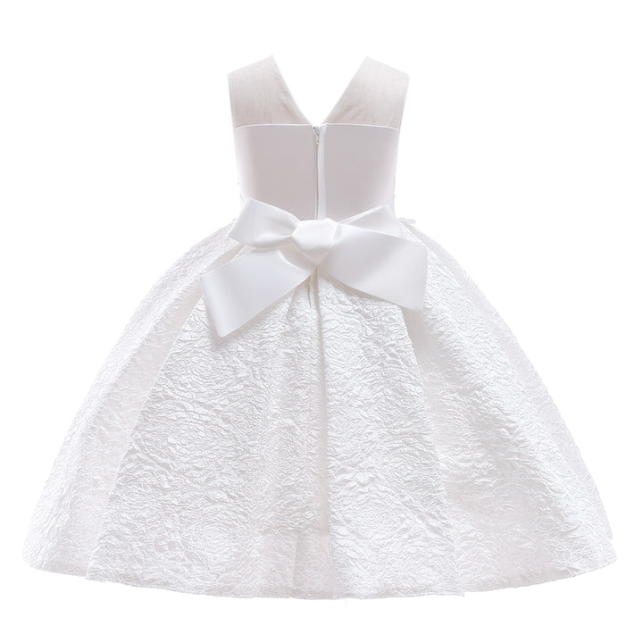 Girls White Floral Round Neck Sleeveless Applique Party Gown Midi Dress