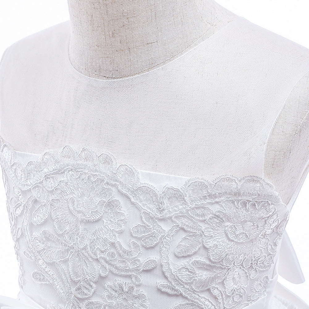 Girls White Floral Round Neck Sleeveless Applique Party Gown Midi Dress