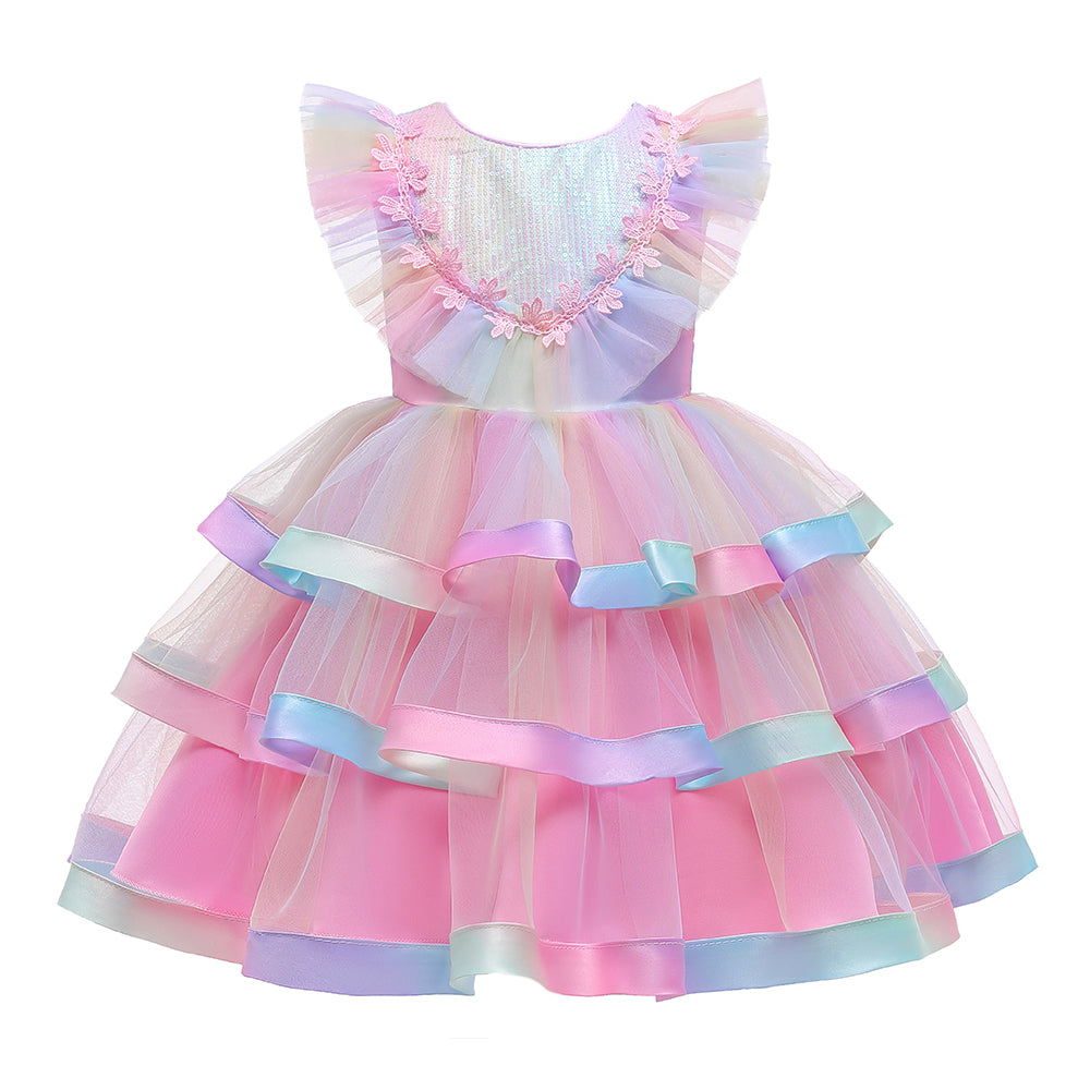 Girls Pink Embellished Layered Fit and Flare Dress