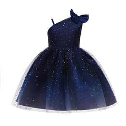 Navy Blue Girls Stars Embellished Balloon Dress With Bow