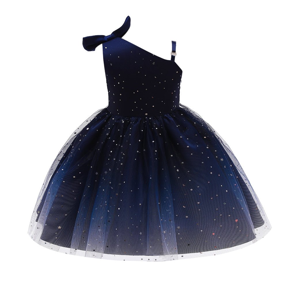 Navy Blue Girls Stars Embellished Balloon Dress With Bow