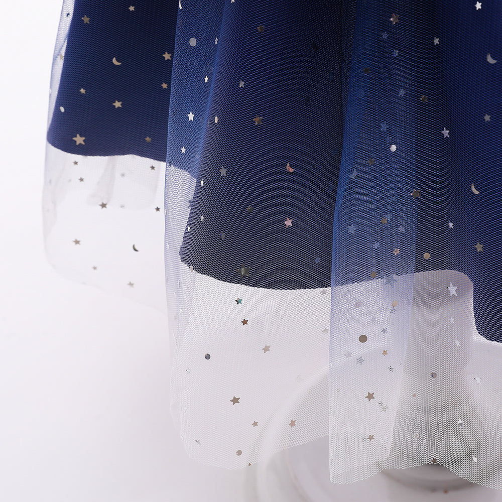 Navy Blue Girls Stars Embellished Balloon Dress With Bow