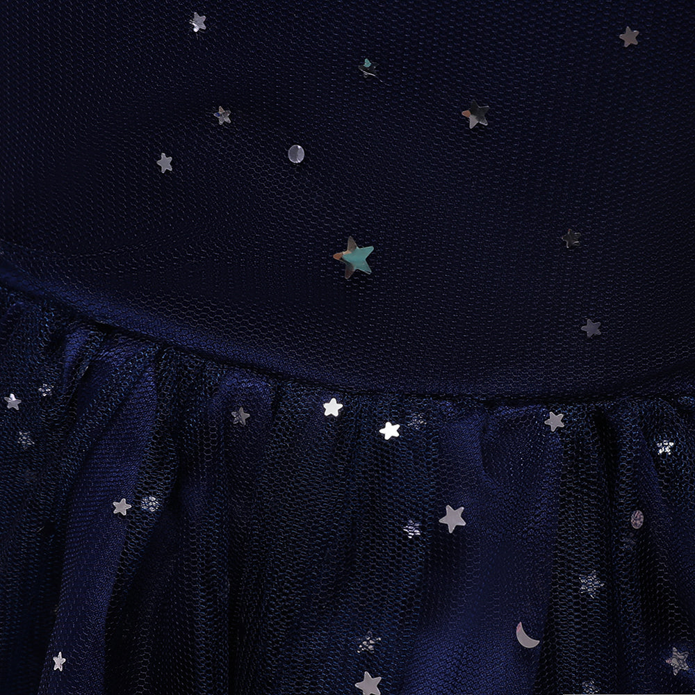 Navy Blue Girls Stars Embellished Balloon Dress With Bow