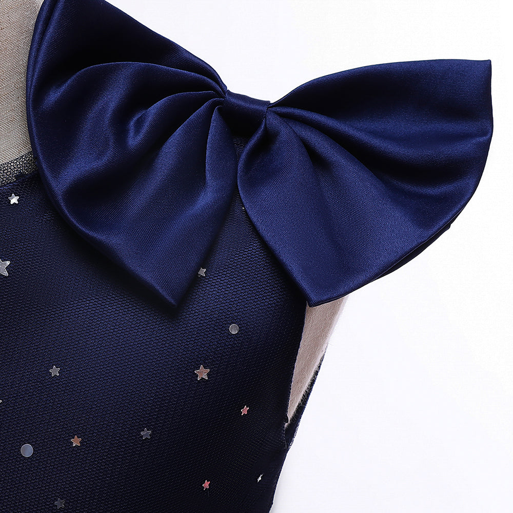 Navy Blue Girls Stars Embellished Balloon Dress With Bow