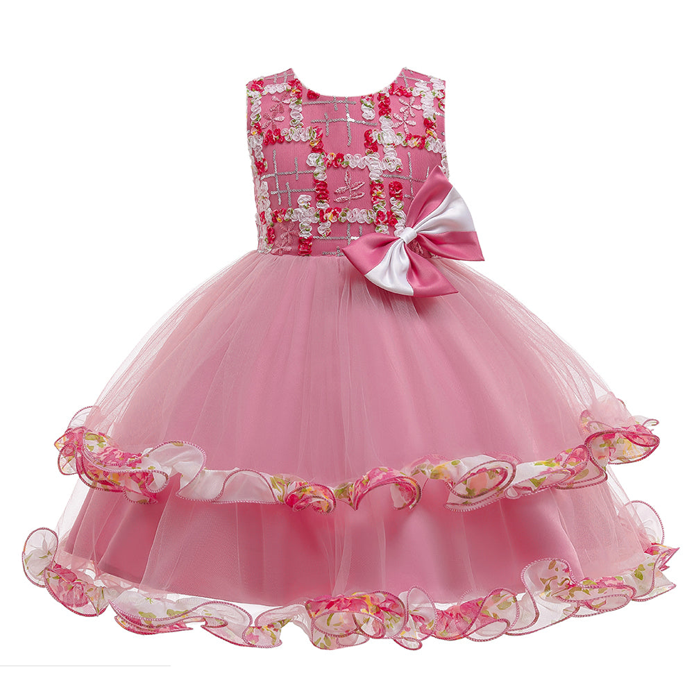 Girls Floral Self Design Fit & Flare Party Dress With Bow