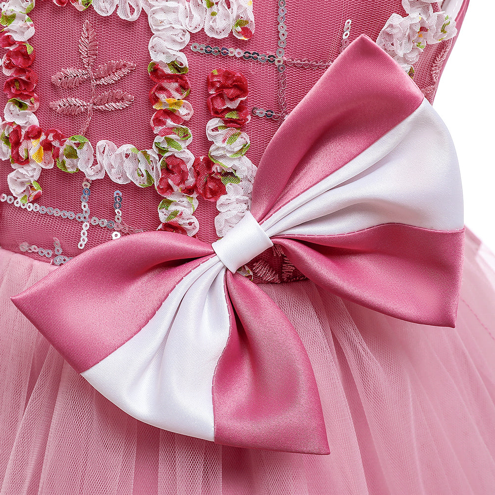 Girls Floral Self Design Fit & Flare Party Dress With Bow