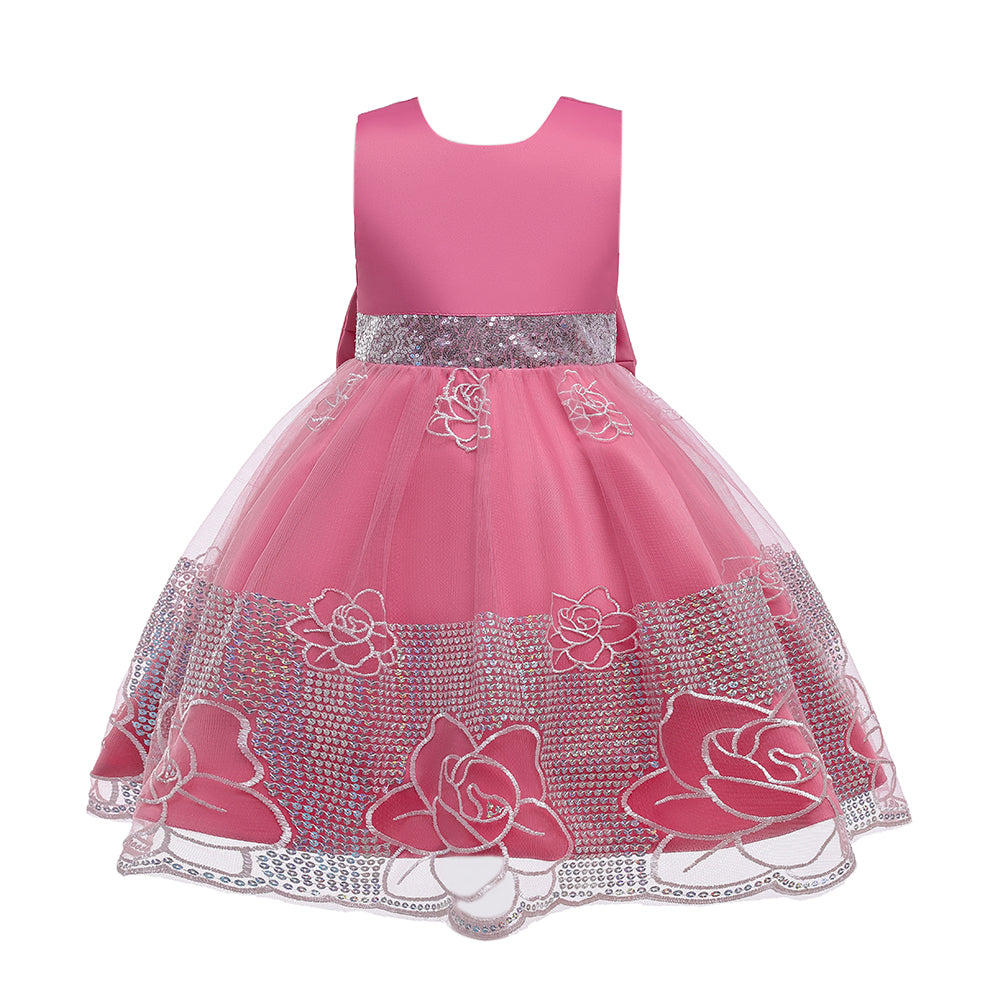 Girls Pink Round Neck Maxi Dress With Bow Detailing