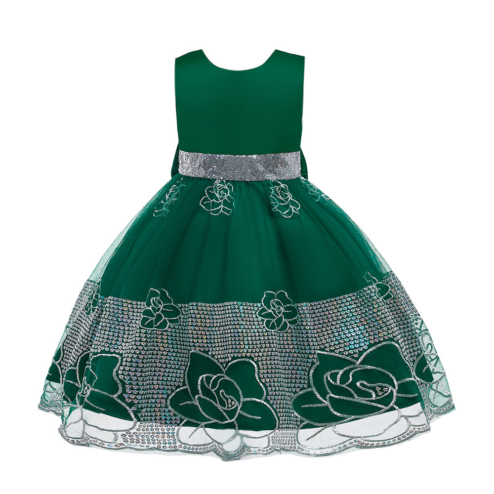 Girls Green Floral Embroidered Sequined Round Neck Maxi Dress