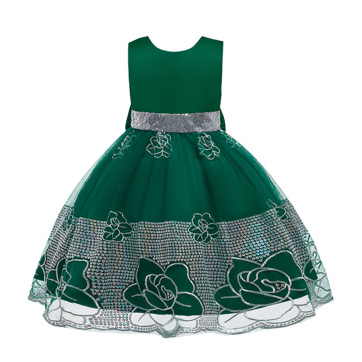 Girls Green Floral Embroidered Sequined Round Neck Maxi Dress