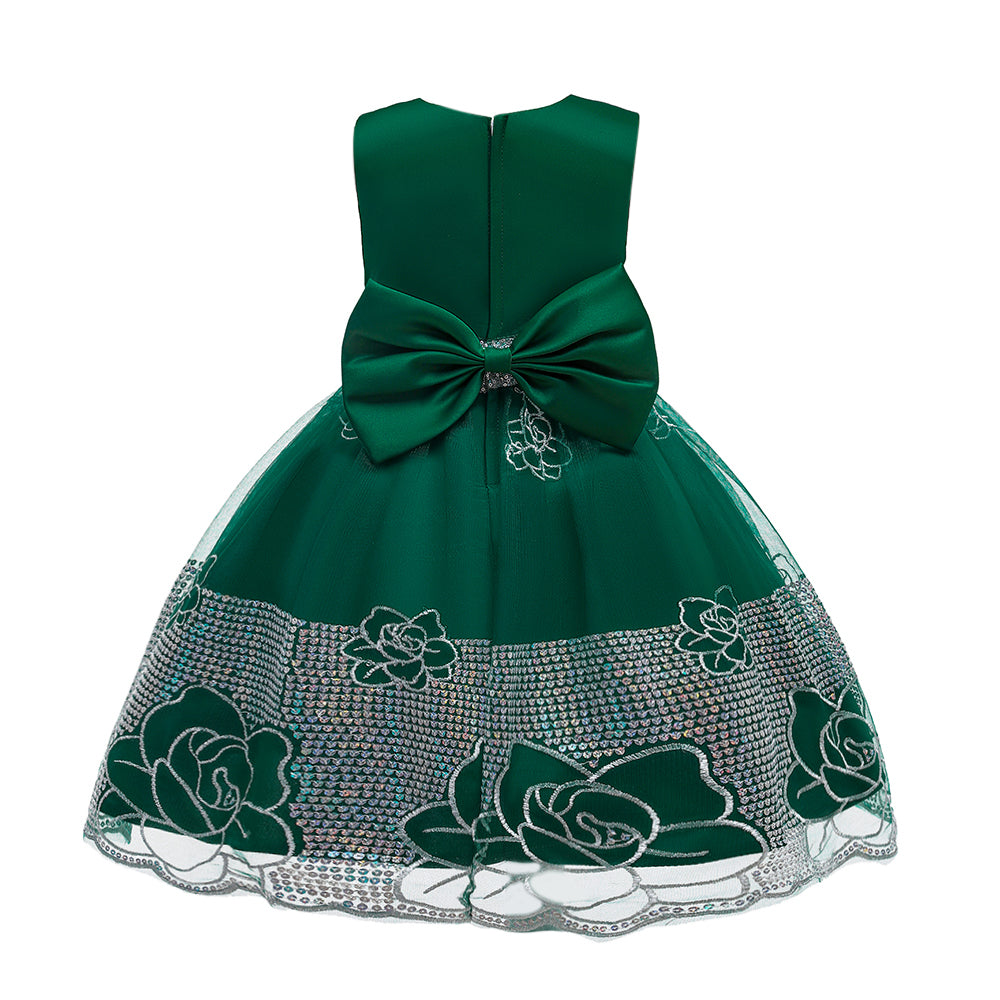 Girls Green Floral Embroidered Sequined Round Neck Maxi Dress