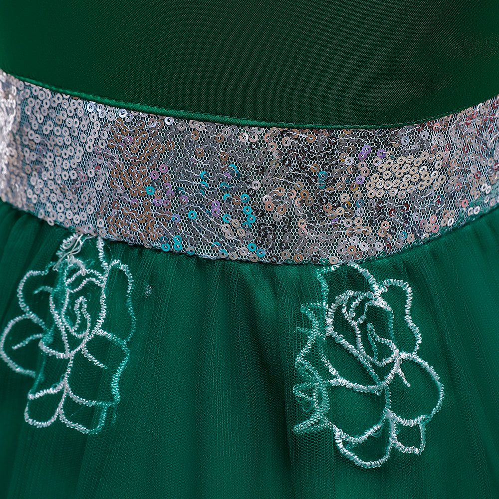 Girls Green Floral Embroidered Sequined Round Neck Maxi Dress