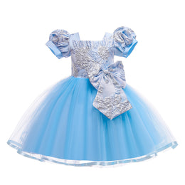 Girls Self Design Bow Detail Puff Sleeves Tulle Dress