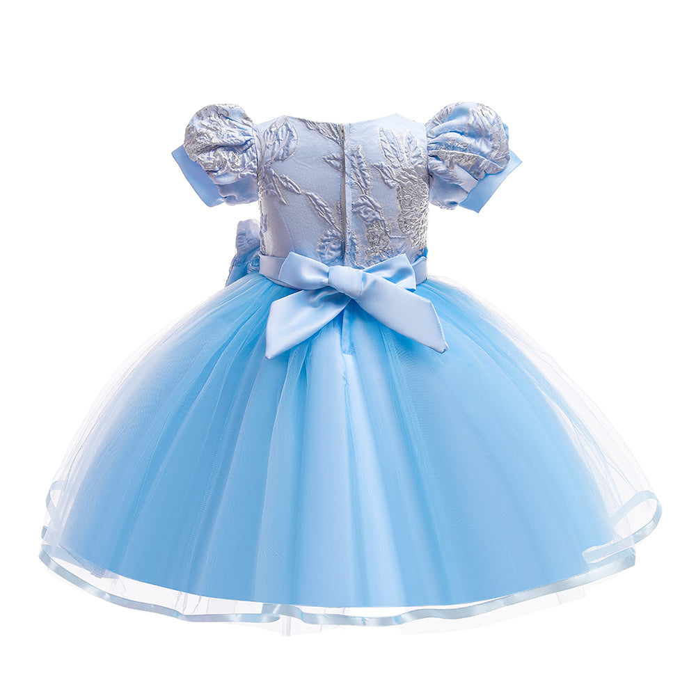 Girls Self Design Bow Detail Puff Sleeves Tulle Dress