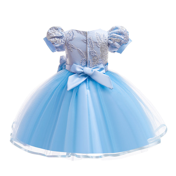 Girls Self Design Bow Detail Puff Sleeves Tulle Dress