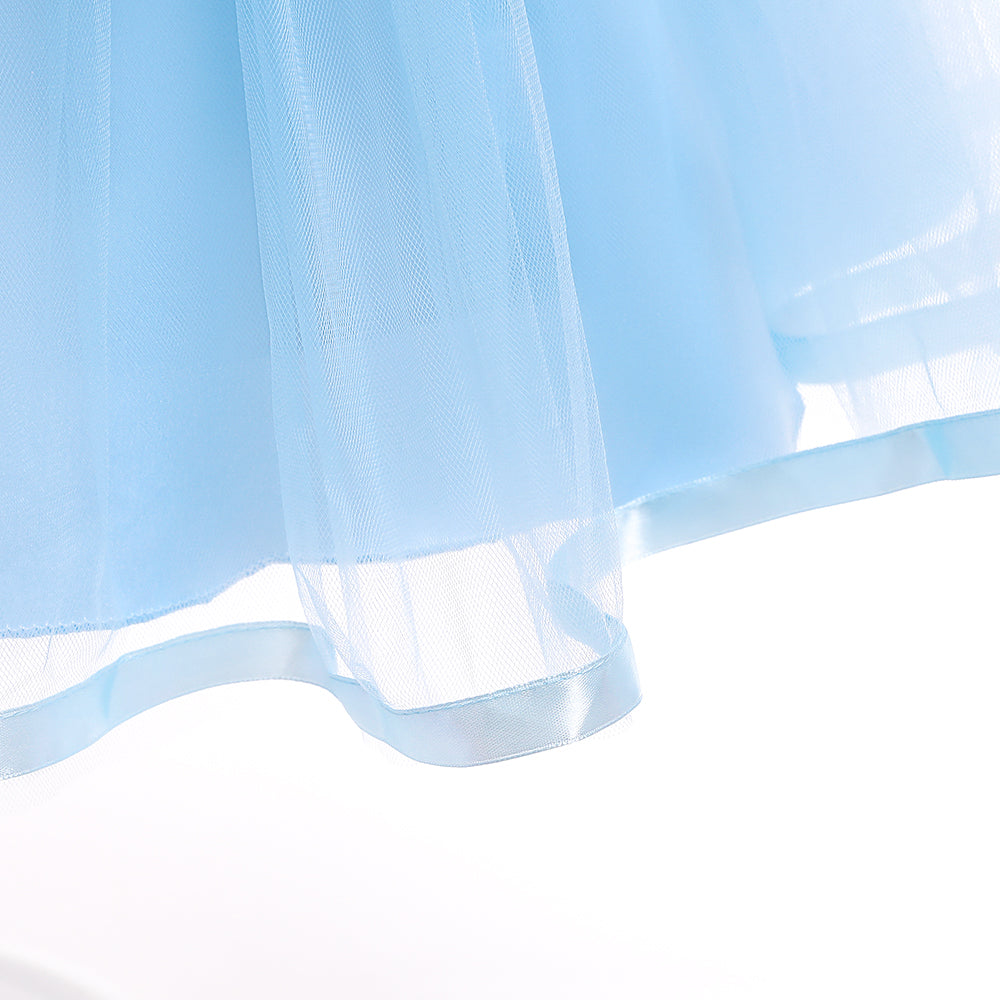 Girls Self Design Bow Detail Puff Sleeves Tulle Dress