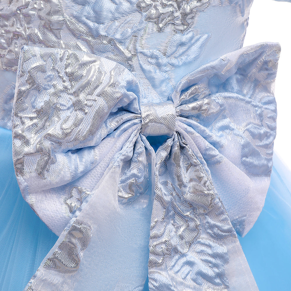 Girls Self Design Bow Detail Puff Sleeves Tulle Dress