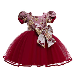 Maroon & Beige Floral Print Puff Sleeve Fit & Flare Dress