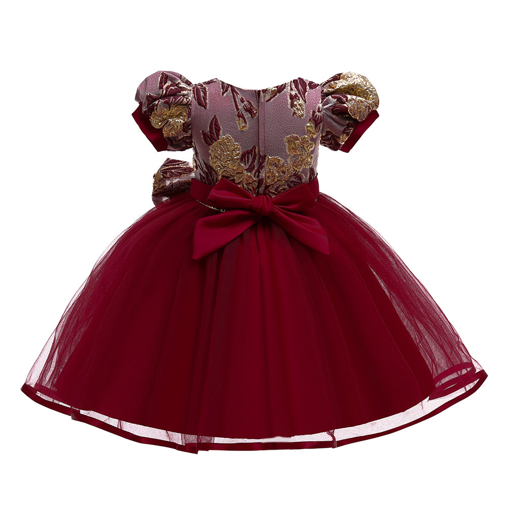 Maroon & Beige Floral Print Puff Sleeve Fit & Flare Dress