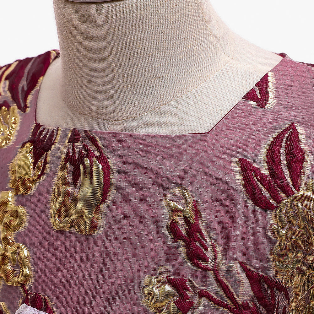Maroon & Beige Floral Print Puff Sleeve Fit & Flare Dress