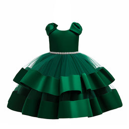 Girls Green Embellished Puff Sleeves Gathered Fit & Flare Dress