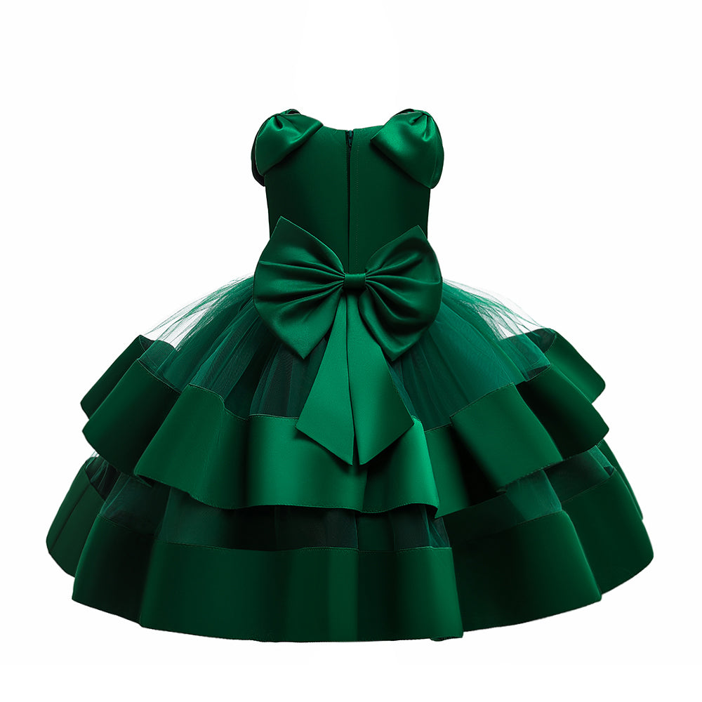 Girls Green Embellished Puff Sleeves Gathered Fit & Flare Dress
