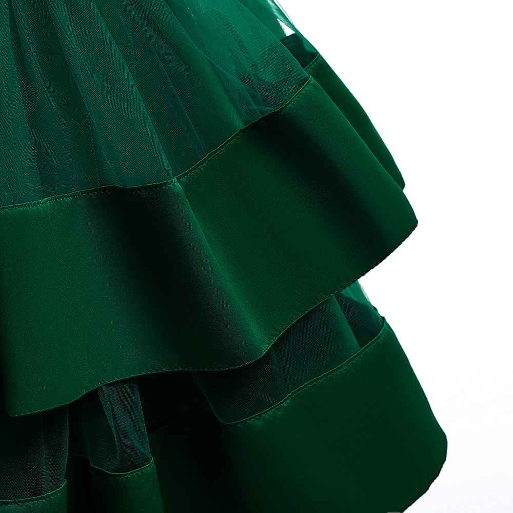 Girls Green Embellished Puff Sleeves Gathered Fit & Flare Dress