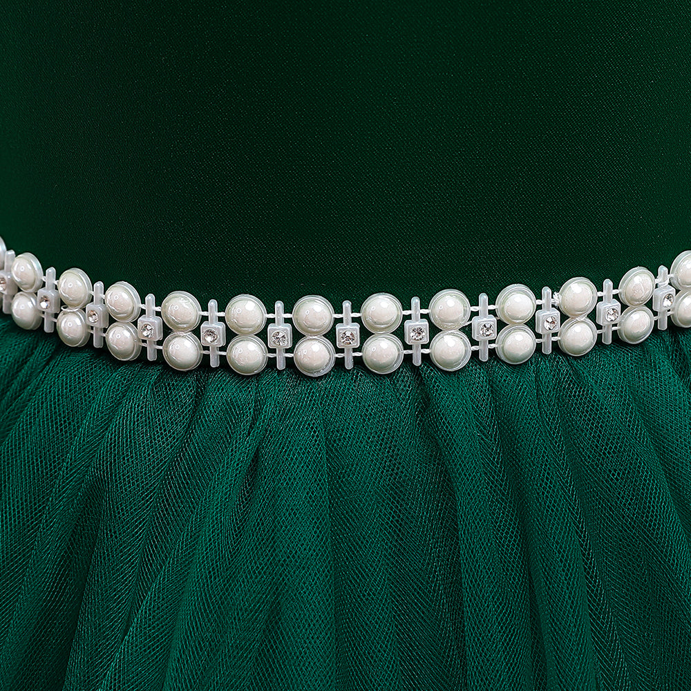 Girls Green Embellished Puff Sleeves Gathered Fit & Flare Dress