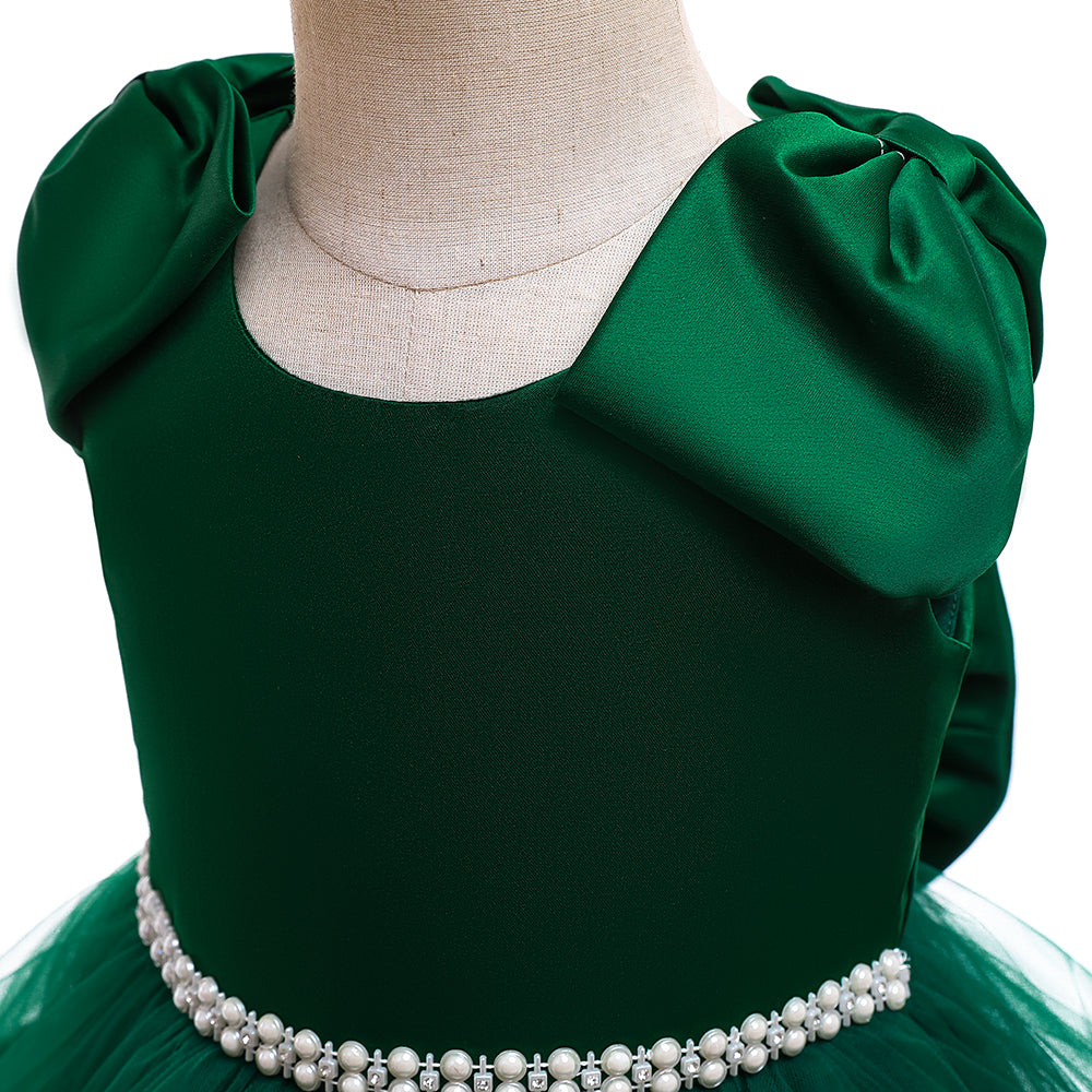 Girls Green Embellished Puff Sleeves Gathered Fit & Flare Dress