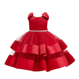 Red Girls Sleeveless Net Beads Detail Bow Layered Maxi Dress