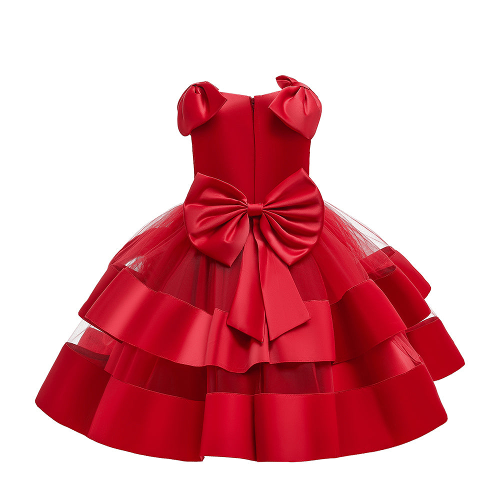 Red Girls Sleeveless Net Beads Detail Bow Layered Maxi Dress