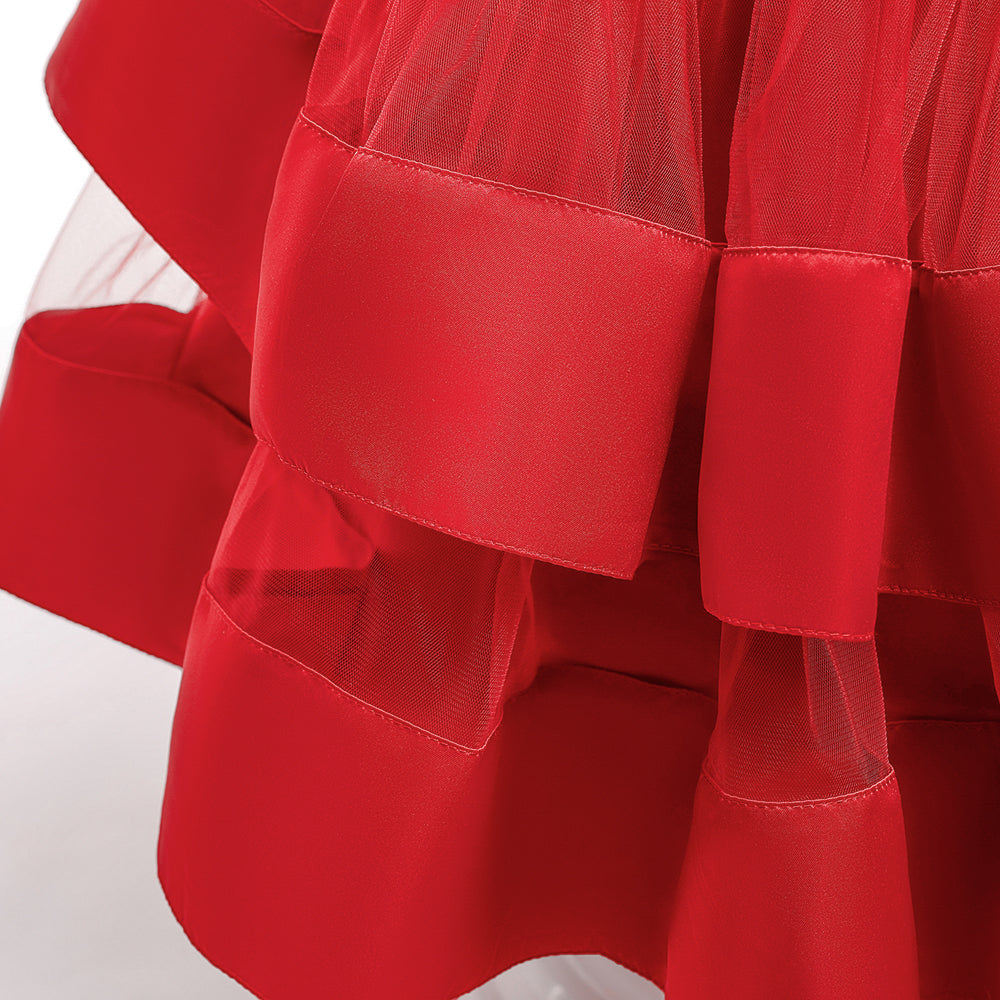 Red Girls Sleeveless Net Beads Detail Bow Layered Maxi Dress