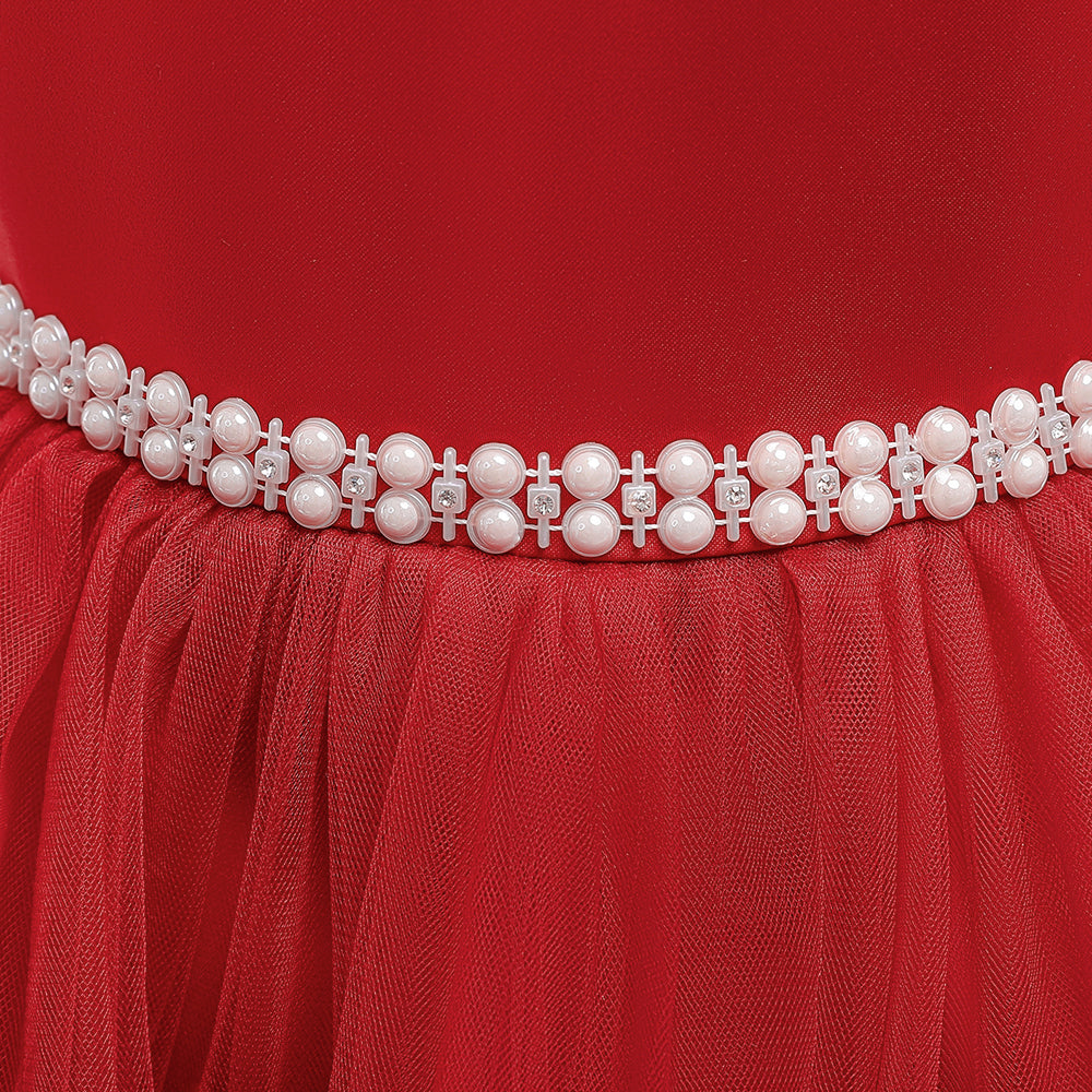 Red Girls Sleeveless Net Beads Detail Bow Layered Maxi Dress