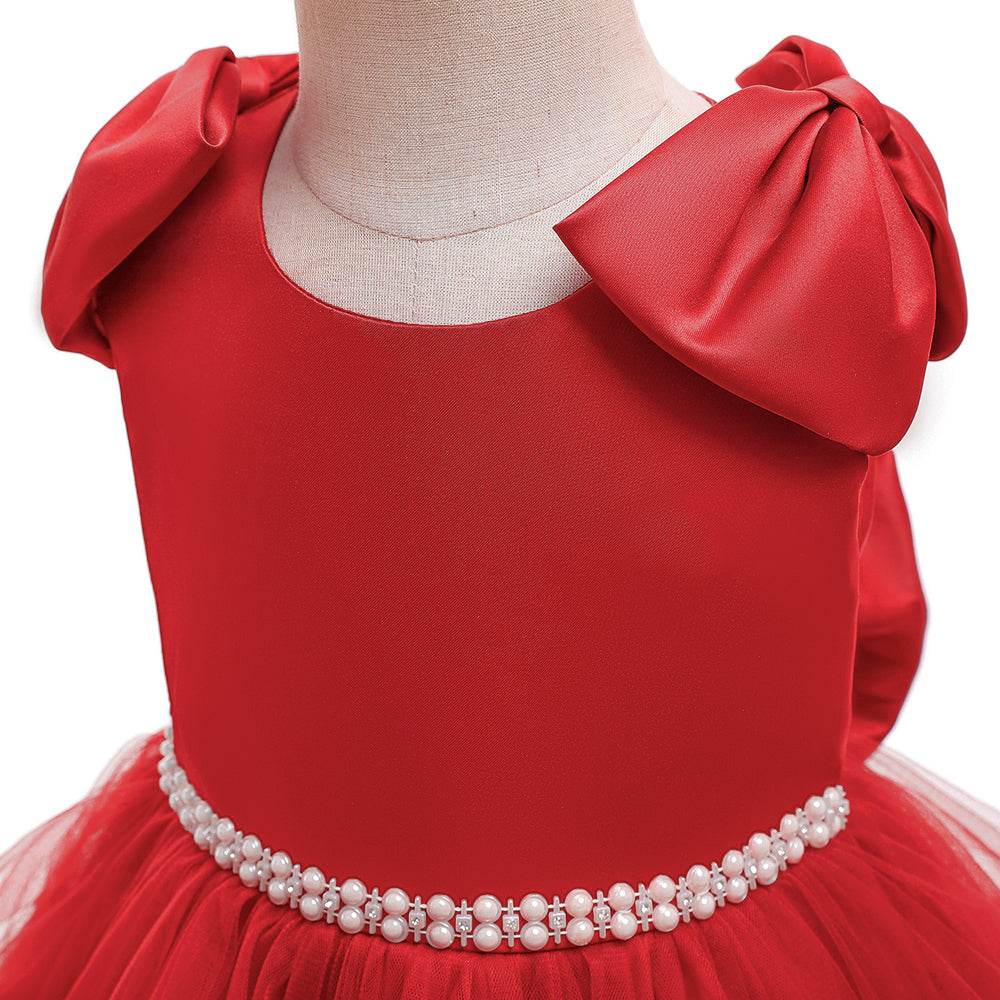 Red Girls Sleeveless Net Beads Detail Bow Layered Maxi Dress