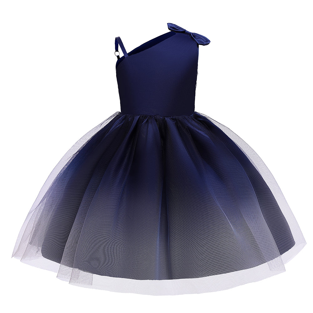 Navy Blue One Shoulder Net Fit & Flare Midi Dress