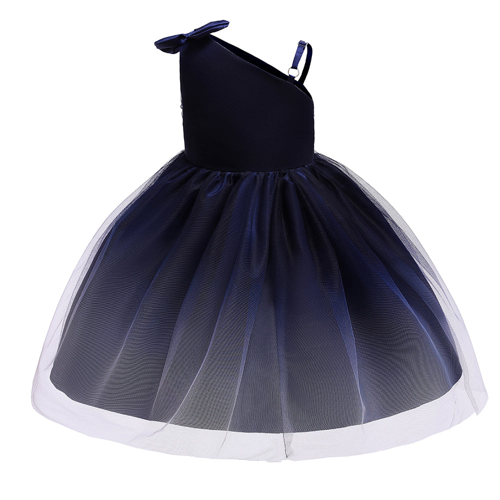 Navy Blue One Shoulder Net Fit & Flare Midi Dress