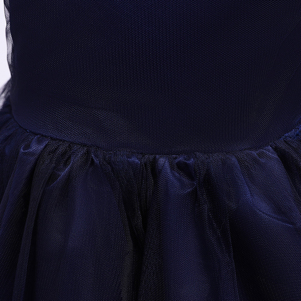 Navy Blue One Shoulder Net Fit & Flare Midi Dress