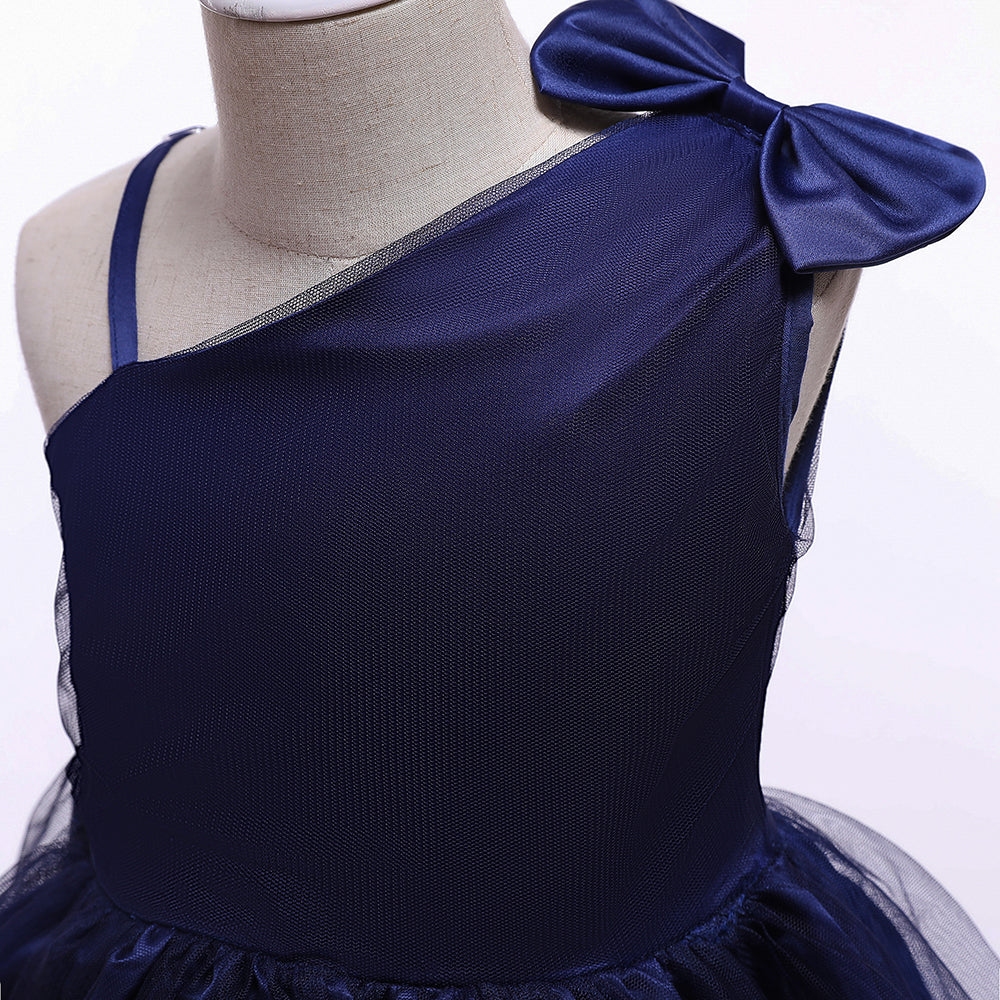 Navy Blue One Shoulder Net Fit & Flare Midi Dress