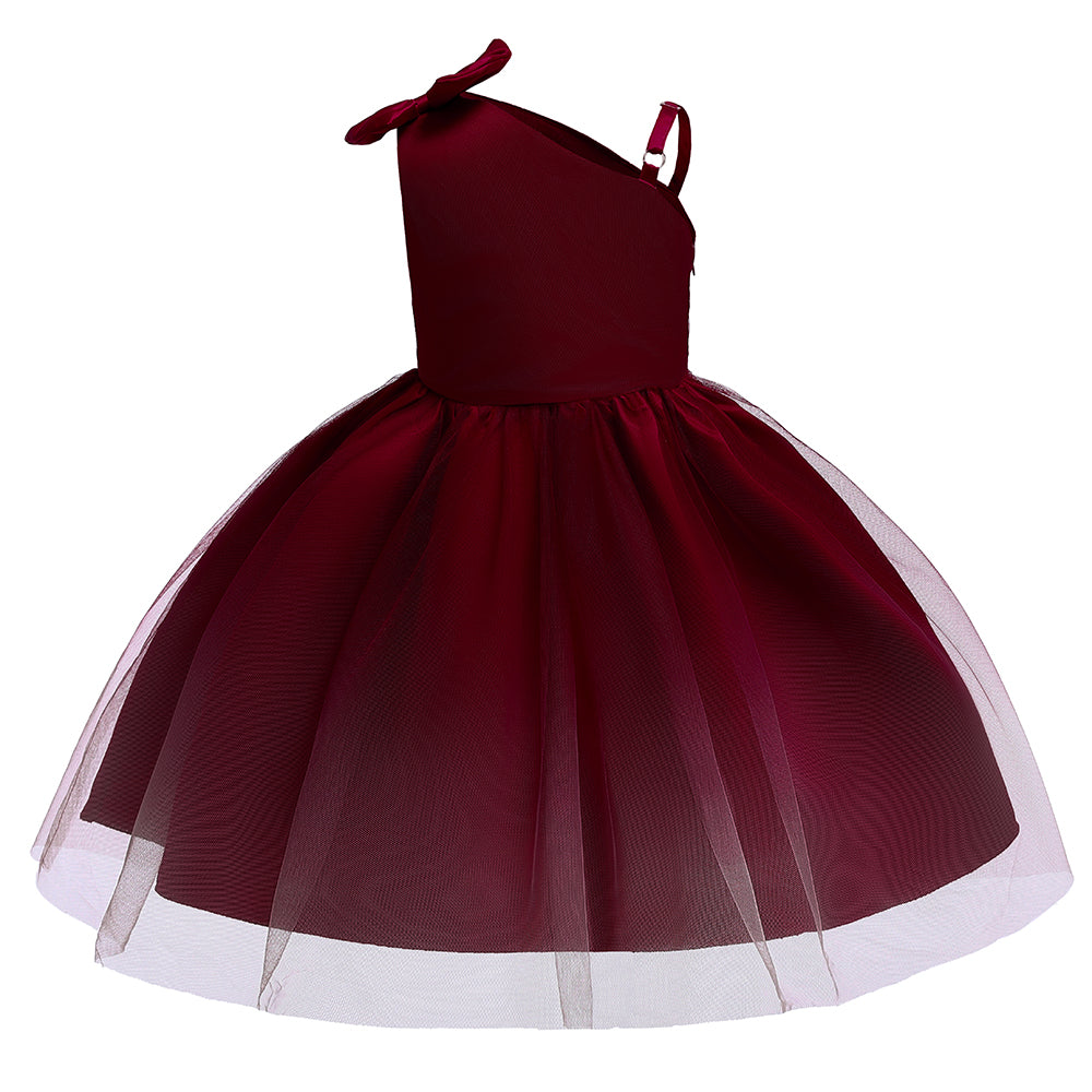 Girls Maroon One Shoulder Gathered Or Pleated Balloon Dress
