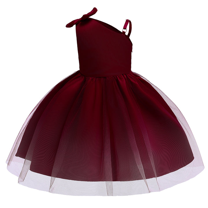 Girls Maroon One Shoulder Gathered Or Pleated Balloon Dress