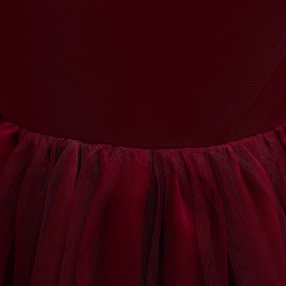 Girls Maroon One Shoulder Gathered Or Pleated Balloon Dress