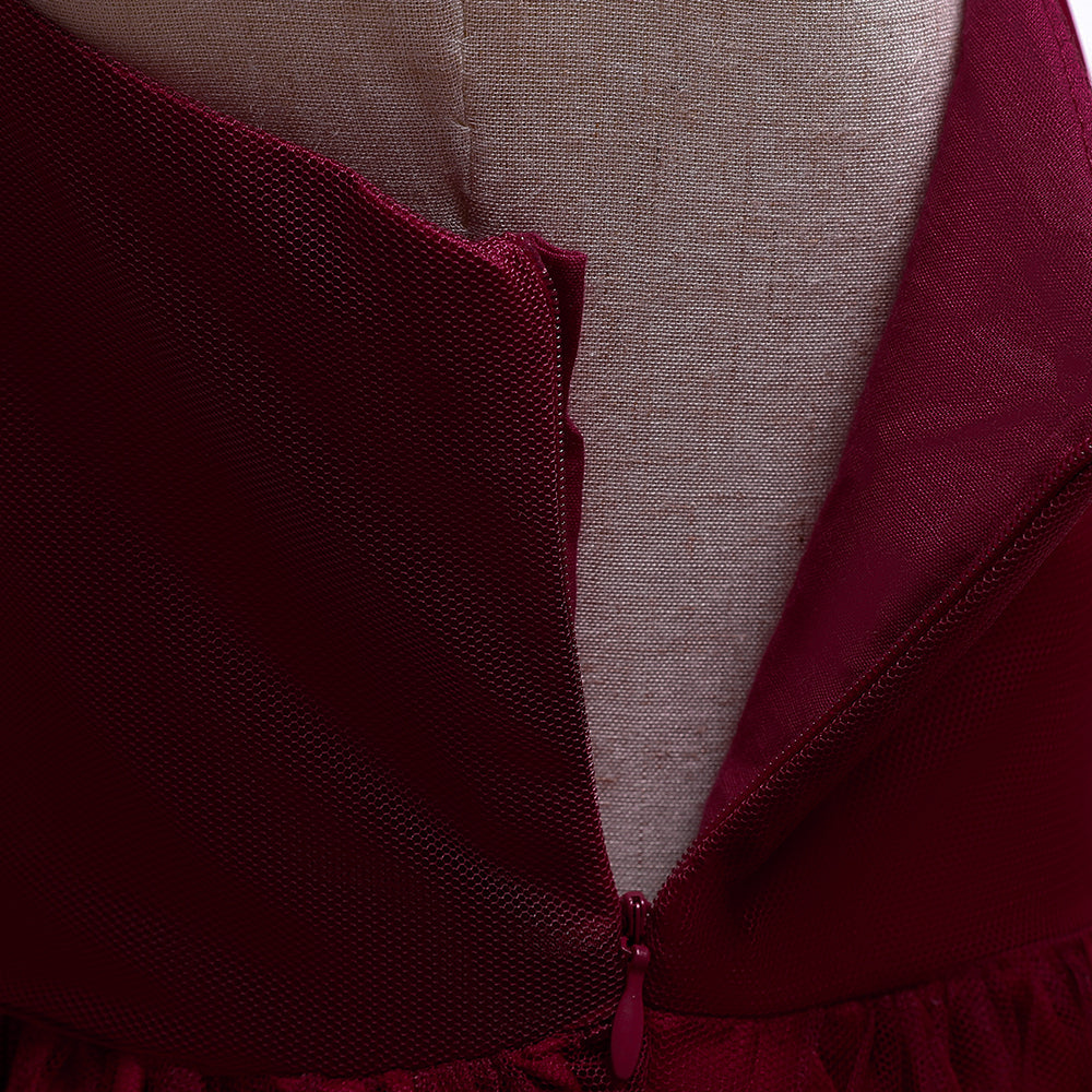 Girls Maroon One Shoulder Gathered Or Pleated Balloon Dress
