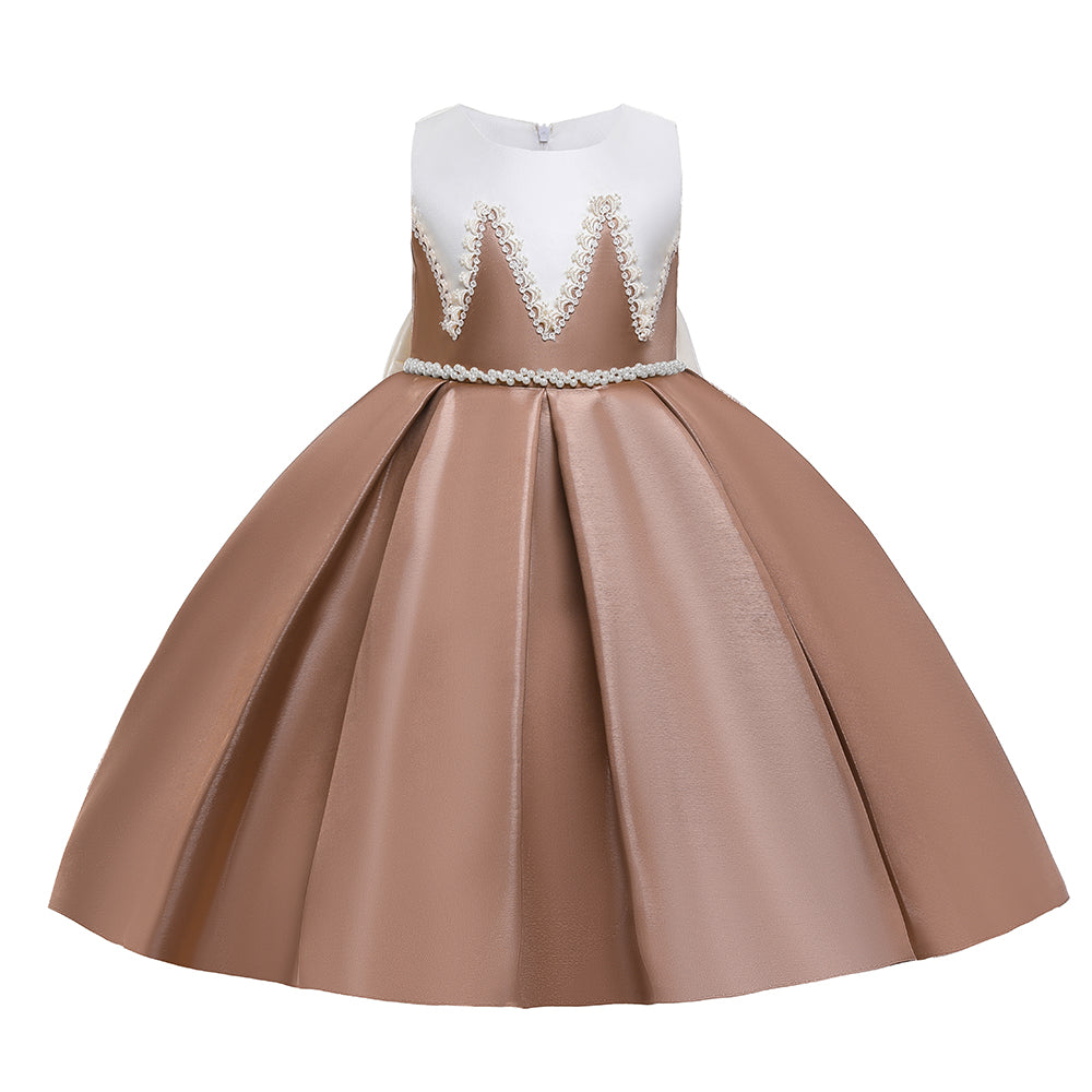 Brown Girls Embellished Pleated Detail Maxi Balloon Dress