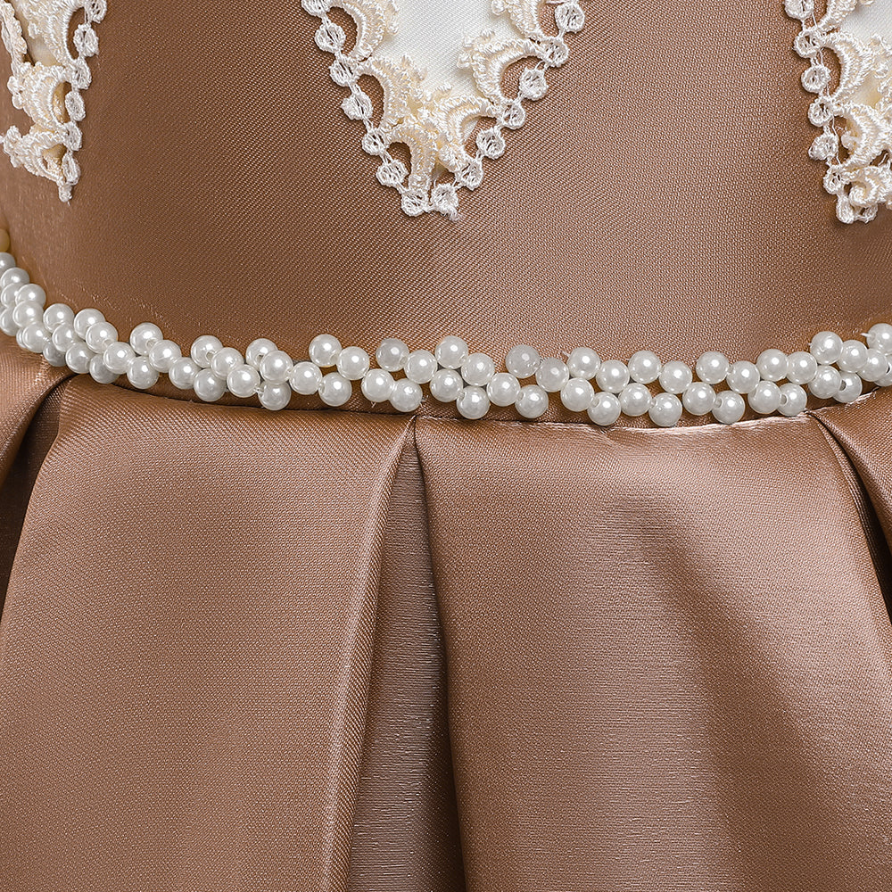 Brown Girls Embellished Pleated Detail Maxi Balloon Dress
